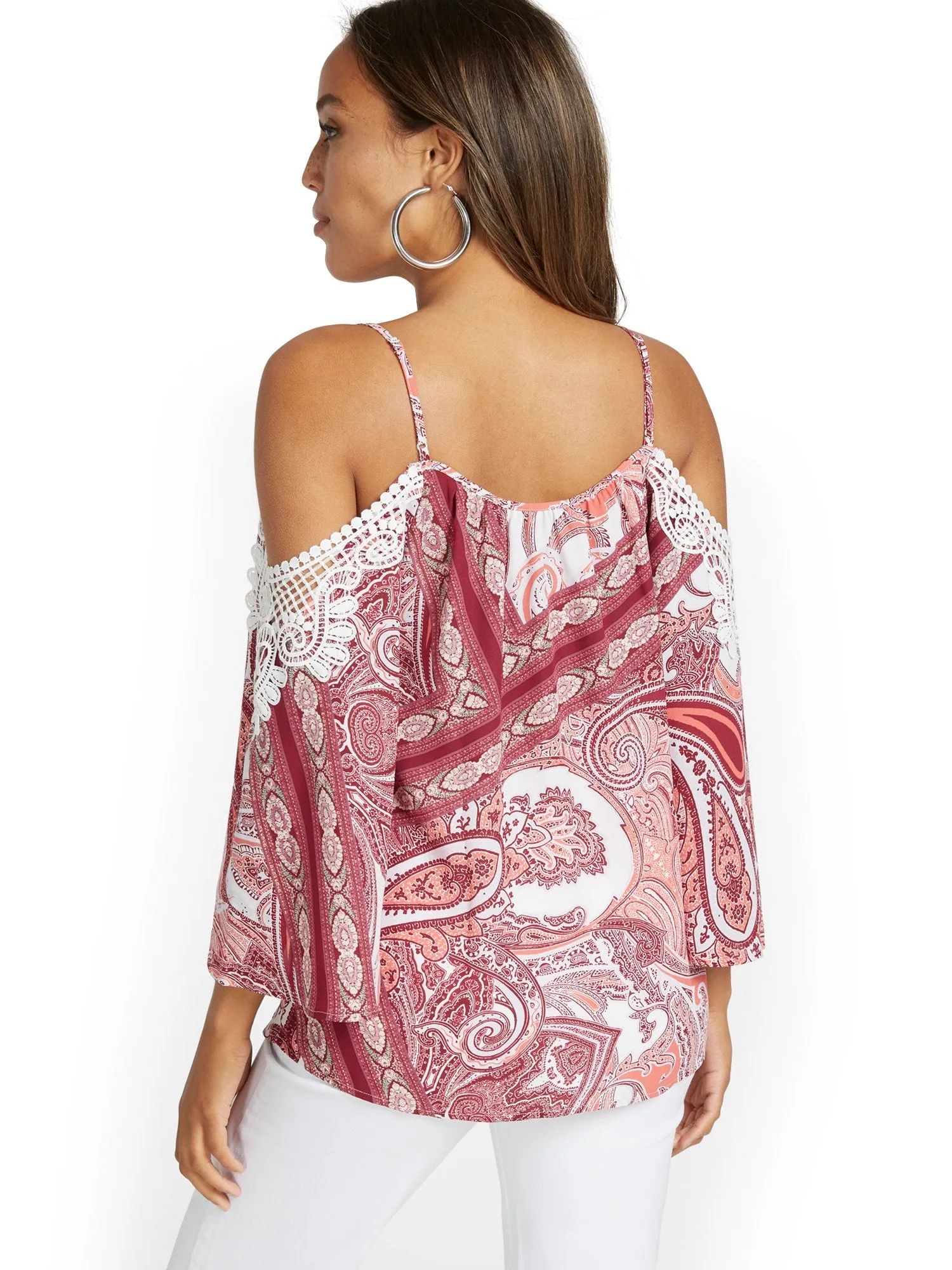 Paisley-Print Crochet Cold-Shoulder Top