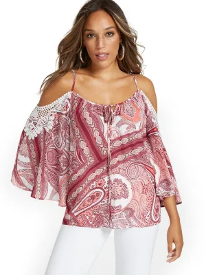 Paisley-Print Crochet Cold-Shoulder Top