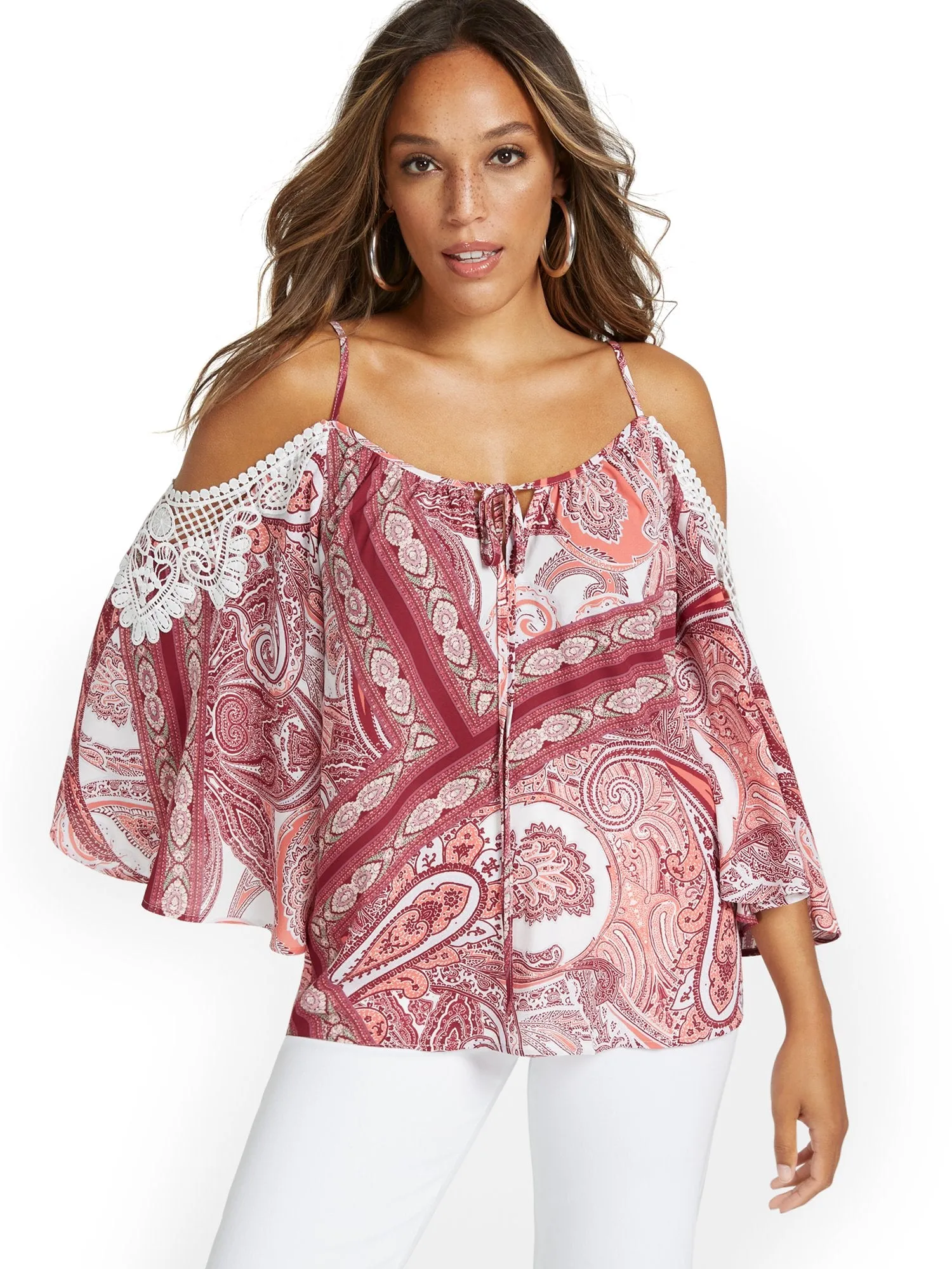 Paisley-Print Crochet Cold-Shoulder Top