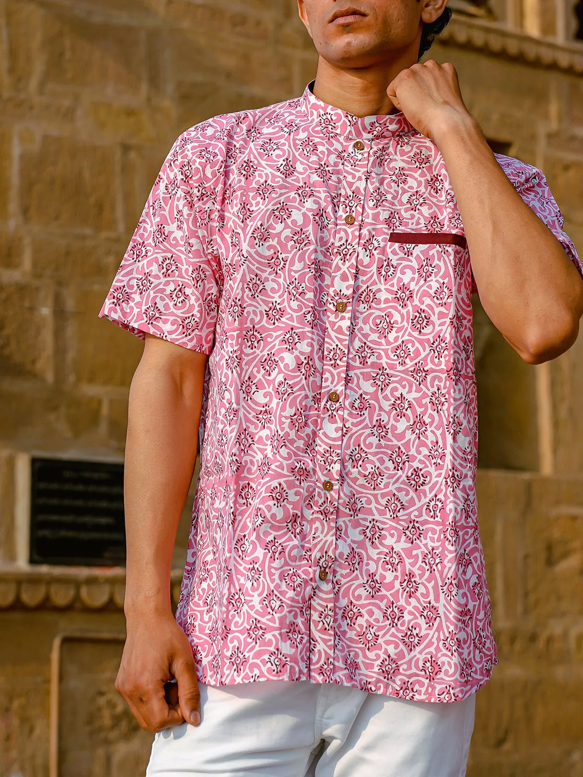 Palmette Handblock Shirt Pink