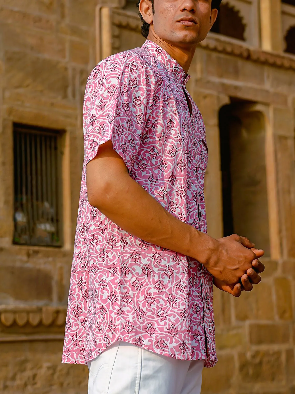 Palmette Handblock Shirt Pink