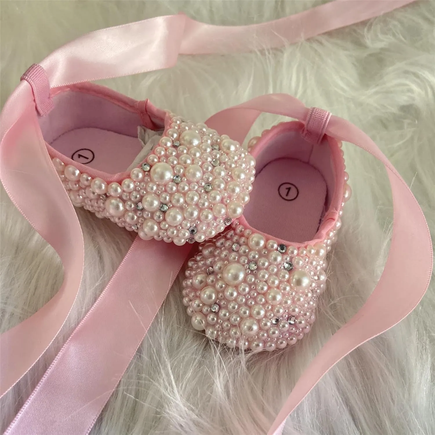 Pink Shoes with Mixed Crystal and Pearls Soft Soled Satin Ribbon Lace-up Baby Shoes