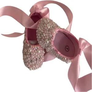 Pink Shoes with Mixed Crystal and Pearls Soft Soled Satin Ribbon Lace-up Baby Shoes