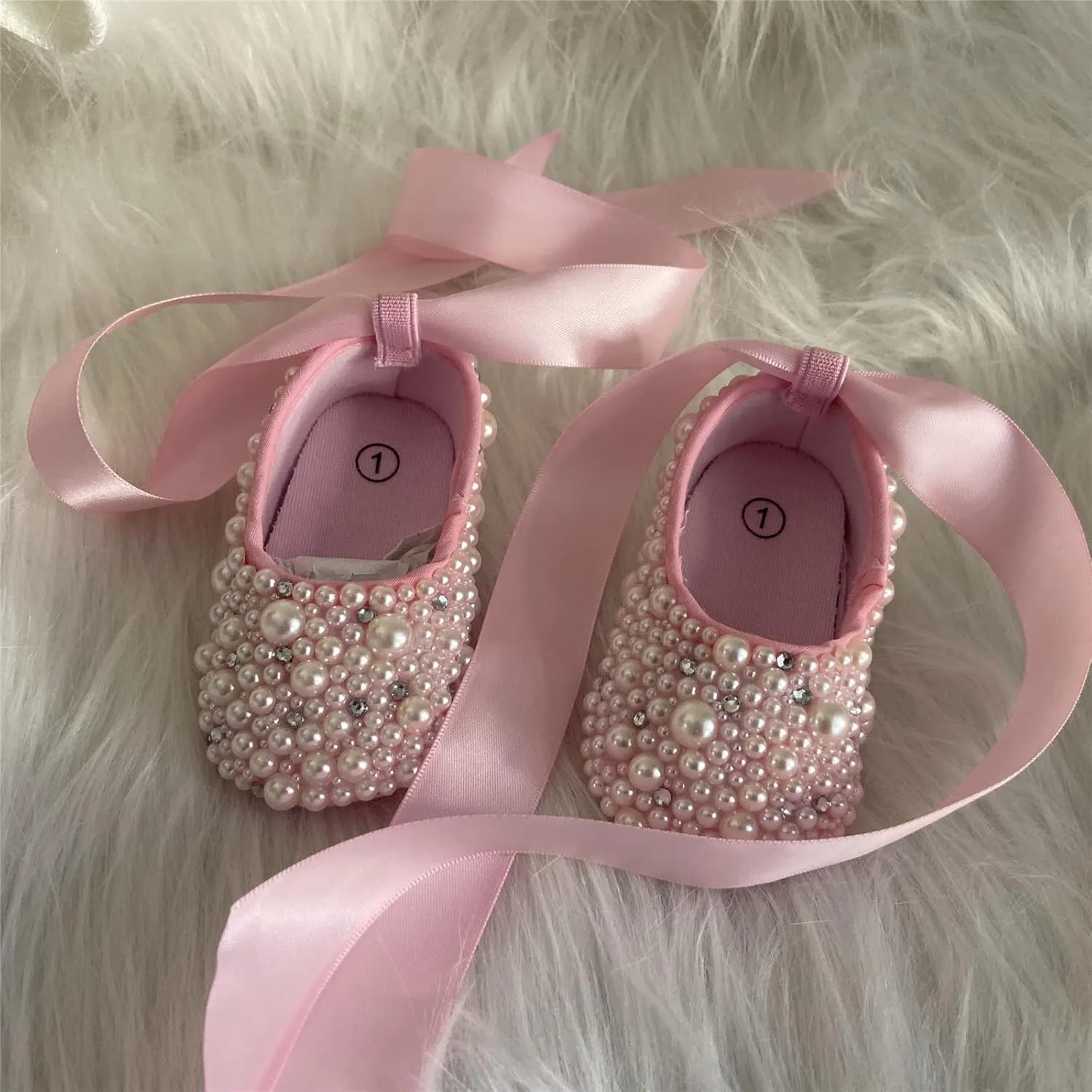 Pink Shoes with Mixed Crystal and Pearls Soft Soled Satin Ribbon Lace-up Baby Shoes