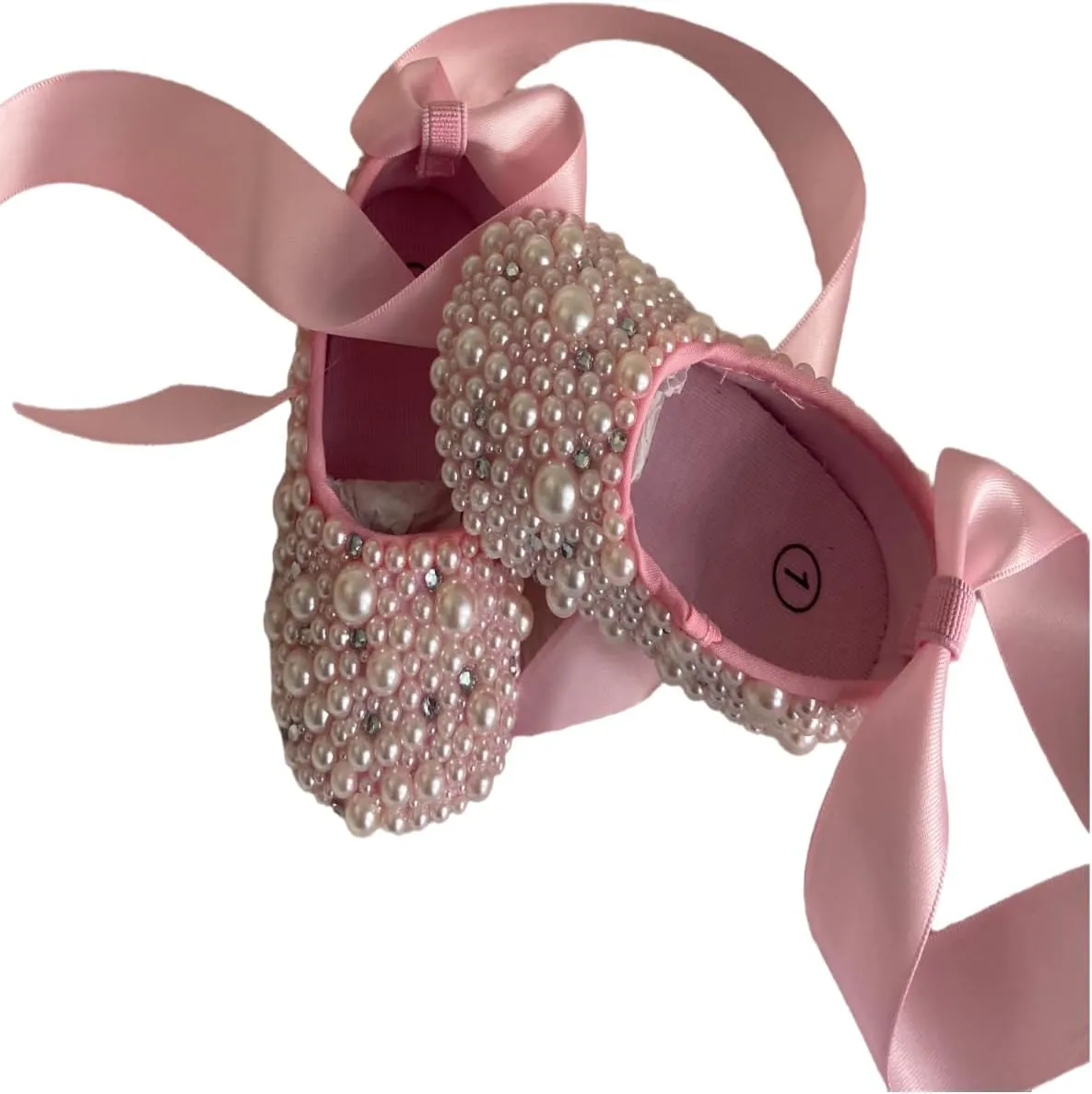 Pink Shoes with Mixed Crystal and Pearls Soft Soled Satin Ribbon Lace-up Baby Shoes