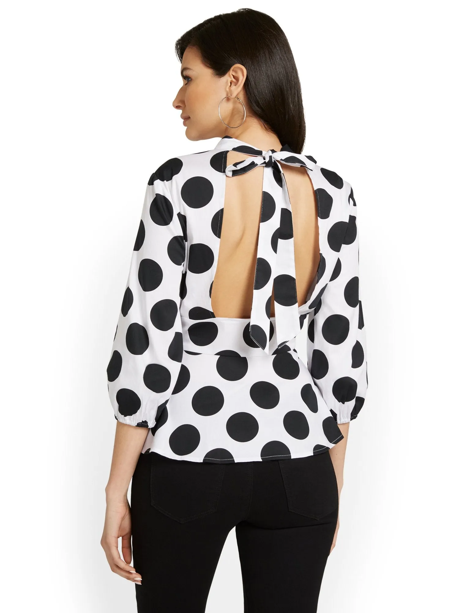Polka-Dot Print Open-Back Poplin Top