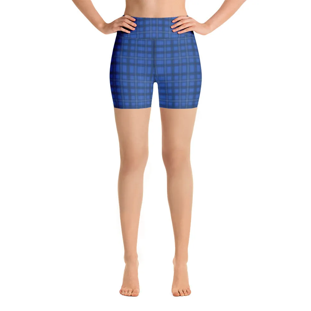 Royal Blue Plaid Yoga Shorts, Preppy Tartan Print Women's Gym Short Tights-Made in USA/EU/MX