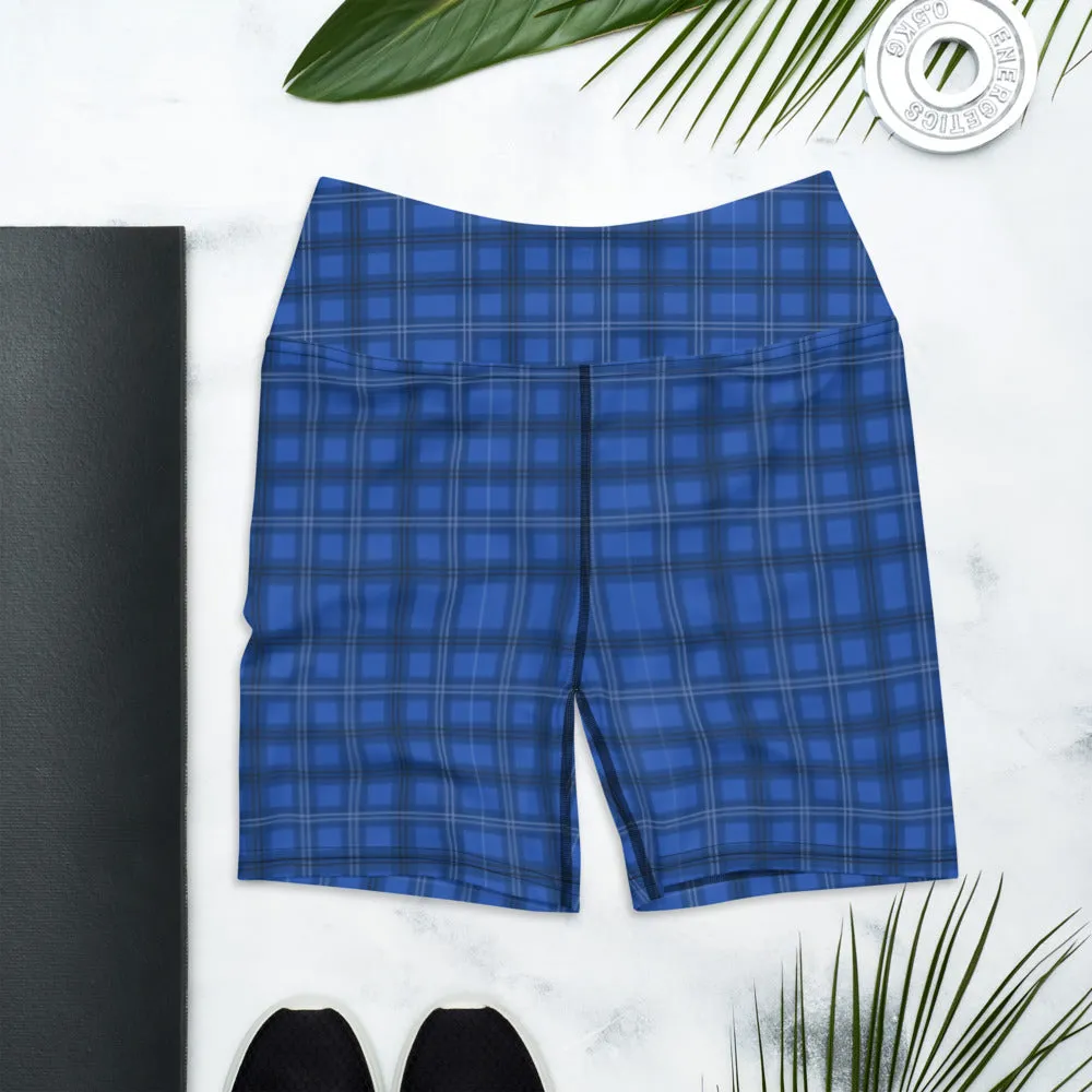 Royal Blue Plaid Yoga Shorts, Preppy Tartan Print Women's Gym Short Tights-Made in USA/EU/MX