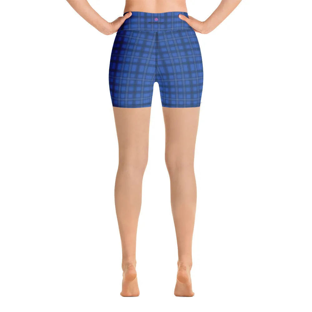 Royal Blue Plaid Yoga Shorts, Preppy Tartan Print Women's Gym Short Tights-Made in USA/EU/MX