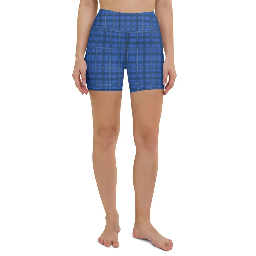 Royal Blue Plaid Yoga Shorts, Preppy Tartan Print Women's Gym Short Tights-Made in USA/EU/MX