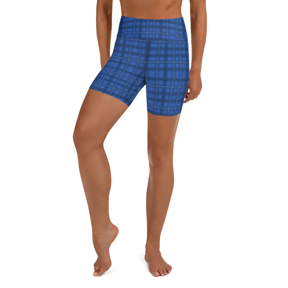 Royal Blue Plaid Yoga Shorts, Preppy Tartan Print Women's Gym Short Tights-Made in USA/EU/MX