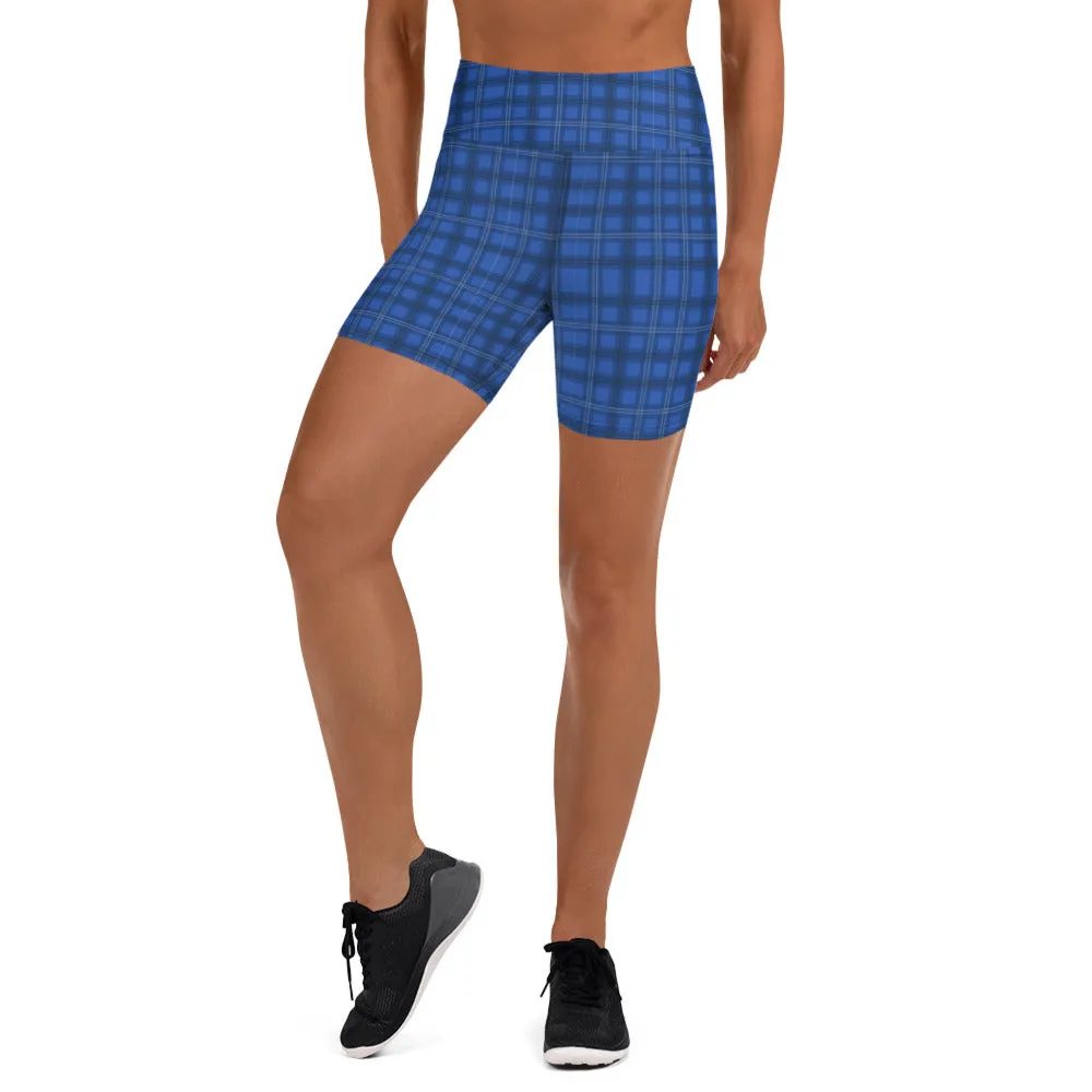 Royal Blue Plaid Yoga Shorts, Preppy Tartan Print Women's Gym Short Tights-Made in USA/EU/MX