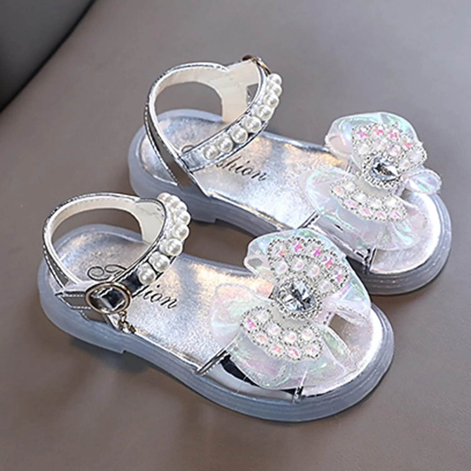 sfdgfhyf Toddler Flat Sole Shoes Summer Sandals Princess Girl Open Toe Sandals Bow Knot Children Fashion Soft (Silver, 7 Infant)