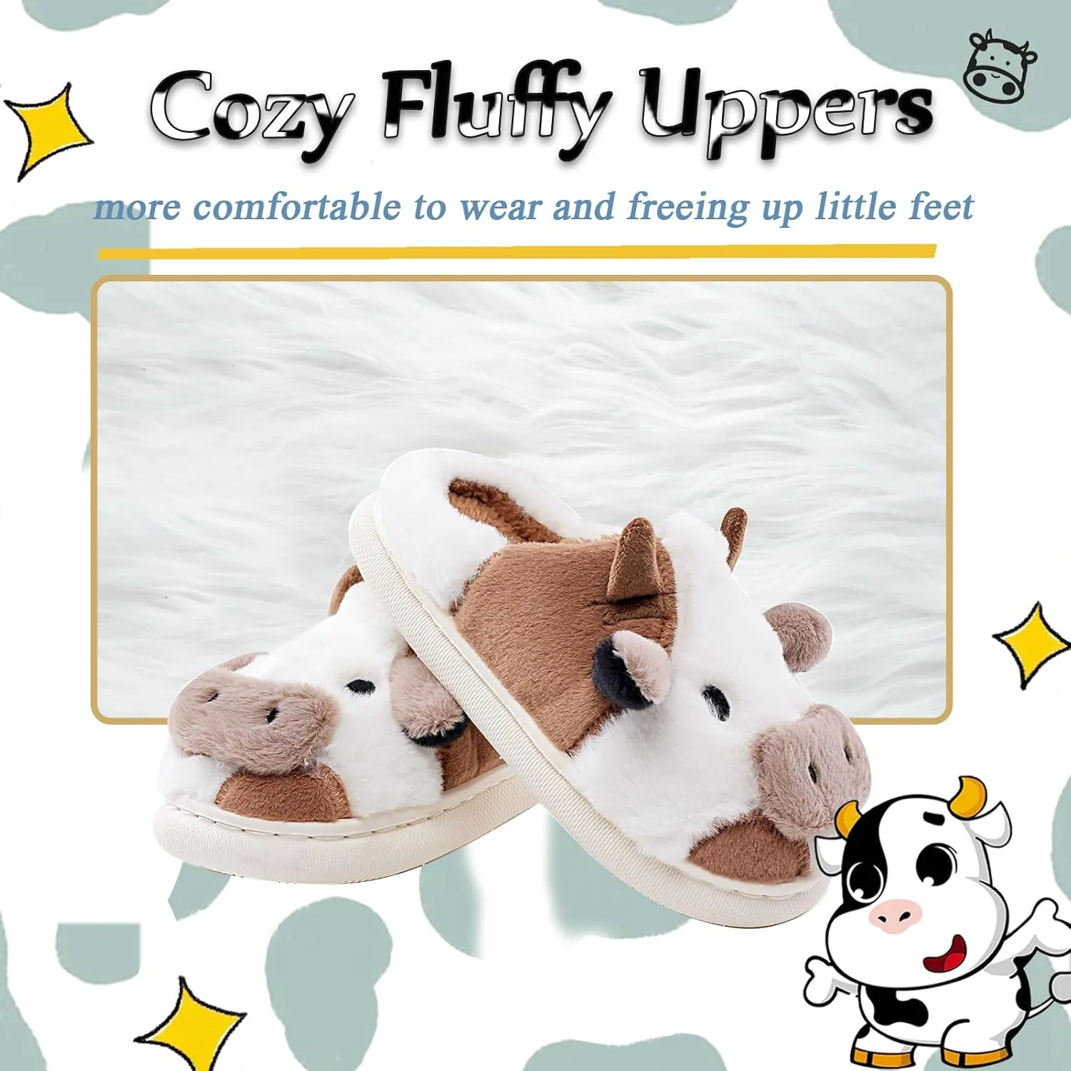 sharllen Toddler Cartoon Cow Cotton Slippers,Girls Boys Cute Indoor Outdoor Plush Animal Cow Shoes Cozy Soft Warm Fluffy Slip-on Home Cow Slipper for Little Kids