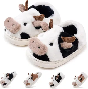 sharllen Toddler Cartoon Cow Cotton Slippers,Girls Boys Cute Indoor Outdoor Plush Animal Cow Shoes Cozy Soft Warm Fluffy Slip-on Home Cow Slipper for Little Kids