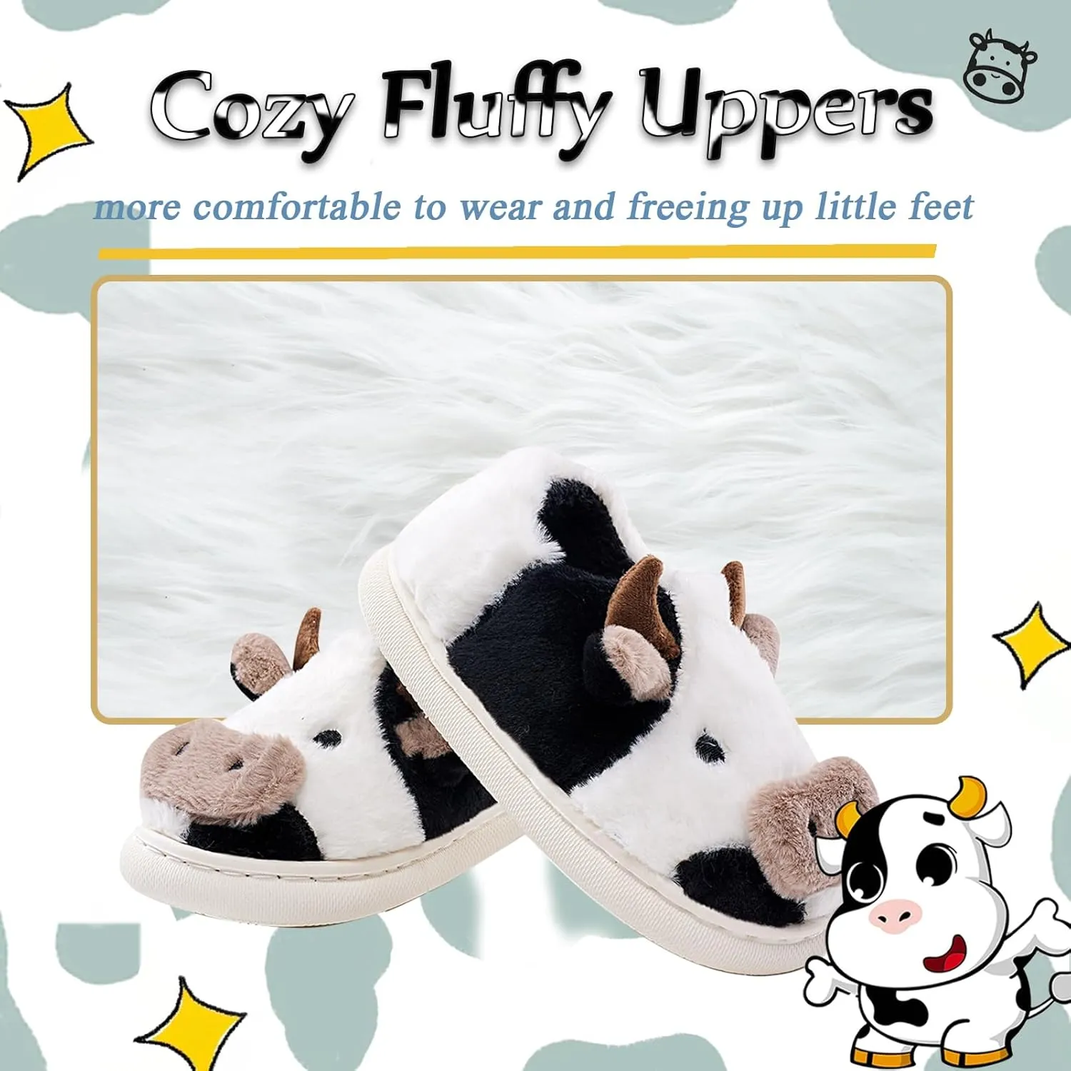sharllen Toddler Cartoon Cow Cotton Slippers,Girls Boys Cute Indoor Outdoor Plush Animal Cow Shoes Cozy Soft Warm Fluffy Slip-on Home Cow Slipper for Little Kids