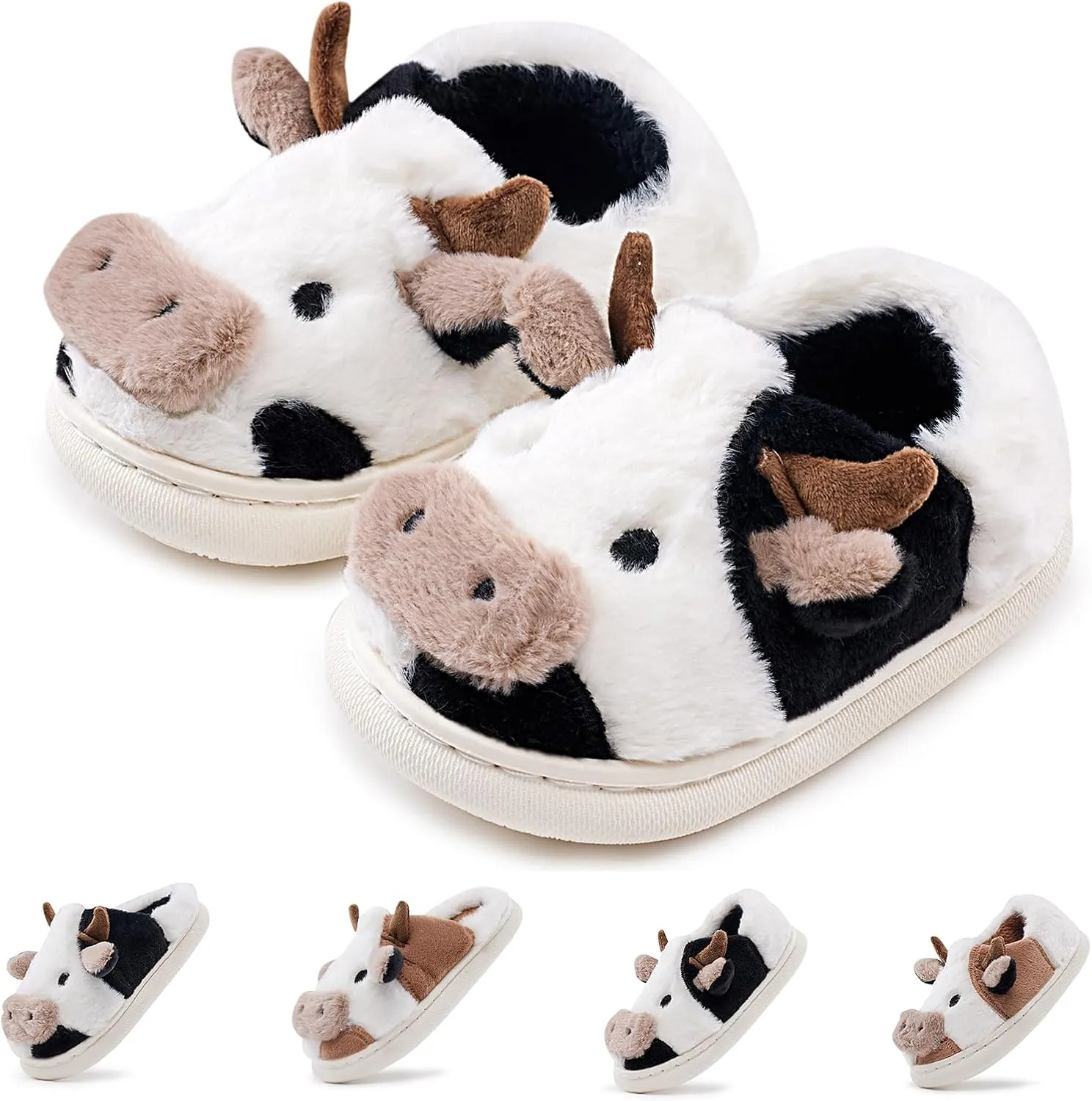 sharllen Toddler Cartoon Cow Cotton Slippers,Girls Boys Cute Indoor Outdoor Plush Animal Cow Shoes Cozy Soft Warm Fluffy Slip-on Home Cow Slipper for Little Kids