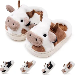 sharllen Toddler Cartoon Cow Cotton Slippers,Girls Boys Cute Indoor Outdoor Plush Animal Cow Shoes Cozy Soft Warm Fluffy Slip-on Home Cow Slipper for Little Kids