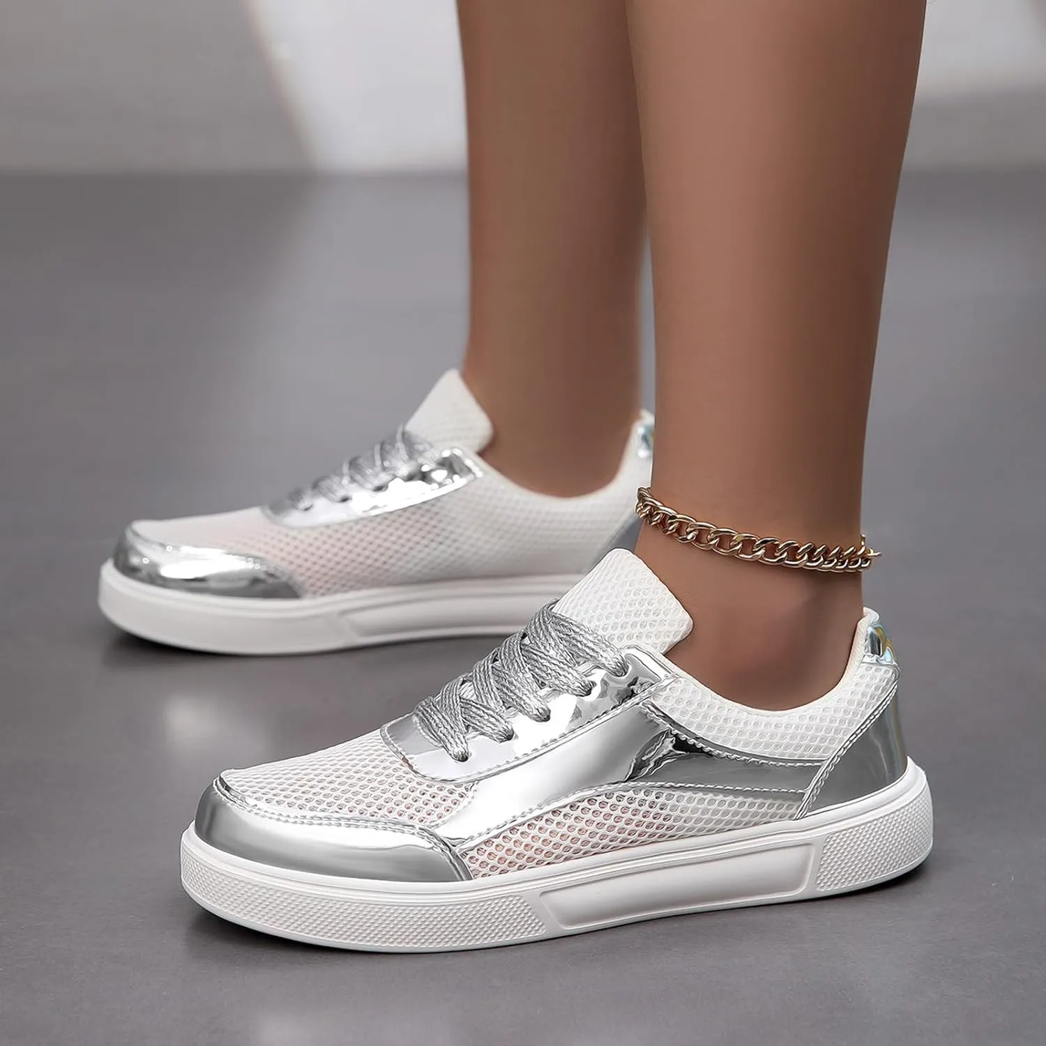 Slip on Walking Shoes Women Dressy PU Leather Non Slip Comfortable Running Shoes Breathable Mesh Sports Workout Tennis Shoes Lightweight Fashion Sneakers