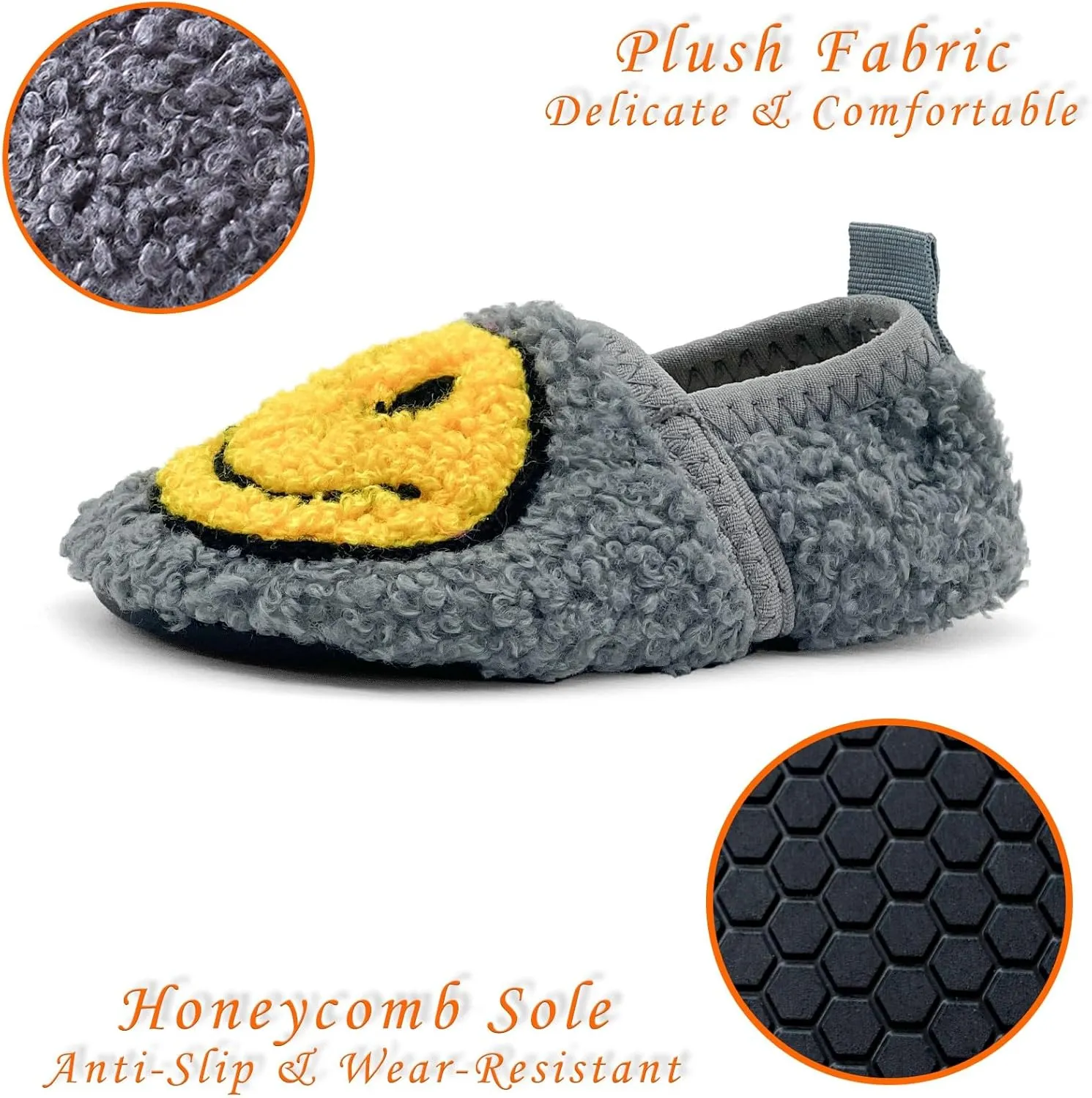 Smile Face Slippers Kids Fuzzy Indoor House Slippers Toddler Home Cozy Socks Cute Face Non-Slip Rubber Sole Warm Shoes Cartoon Soft For Boys Girls