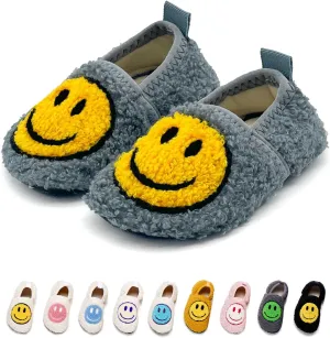 Smile Face Slippers Kids Fuzzy Indoor House Slippers Toddler Home Cozy Socks Cute Face Non-Slip Rubber Sole Warm Shoes Cartoon Soft For Boys Girls