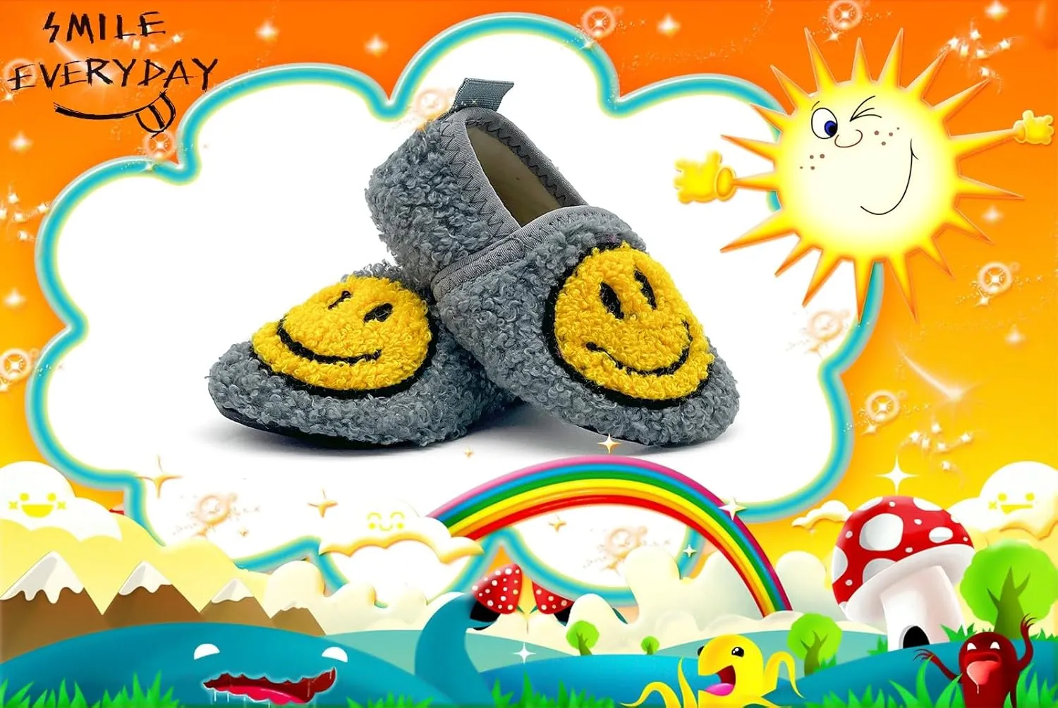 Smile Face Slippers Kids Fuzzy Indoor House Slippers Toddler Home Cozy Socks Cute Face Non-Slip Rubber Sole Warm Shoes Cartoon Soft For Boys Girls