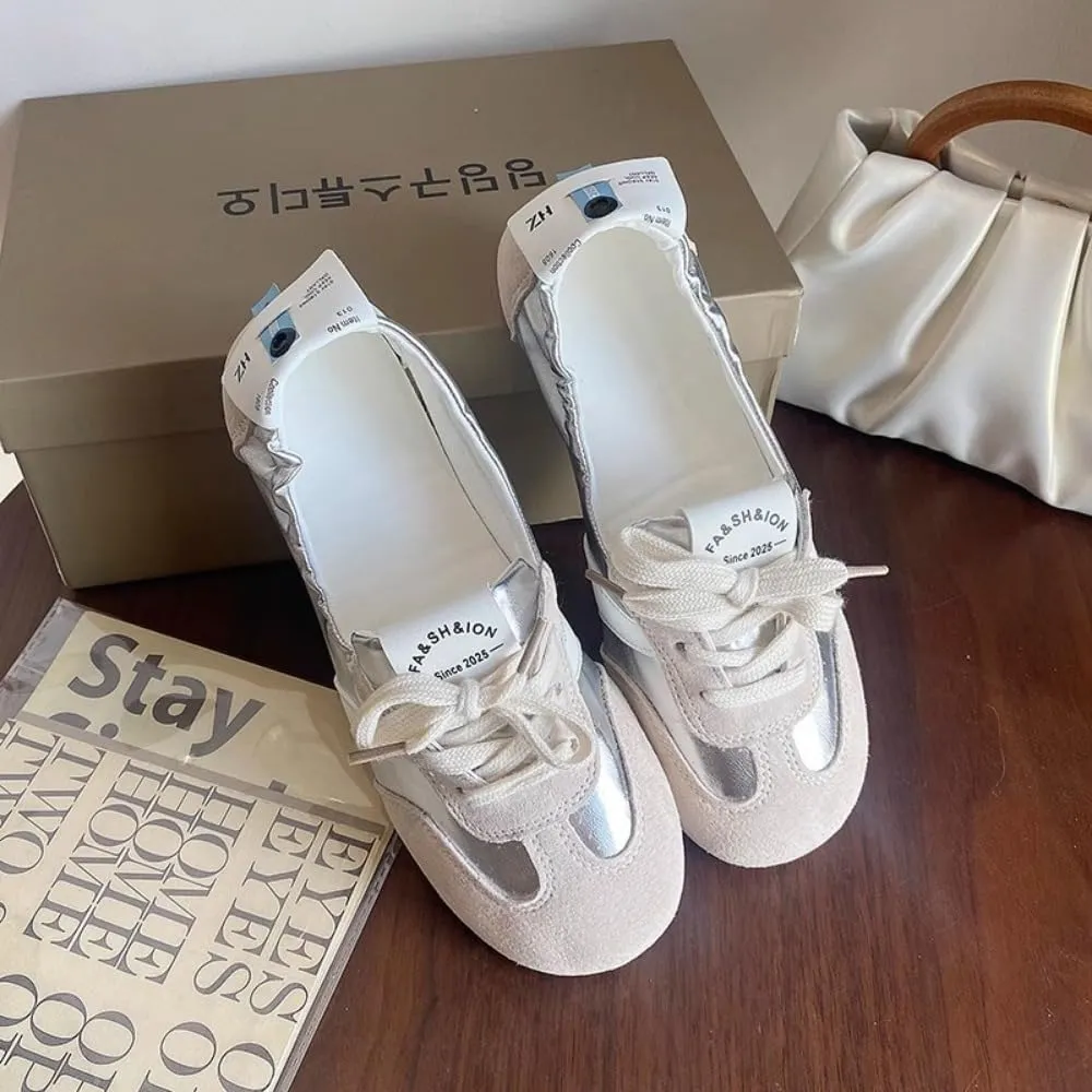 Sneakerina Satin Ballet Sneakers for Women Cute Ballerina Sneakers Flat Kawaii Y2K Retro Lightweight Round Toes Non-Slip Lace-Up Slip on Comfort Dress Shoes Preppy Back To School Gifts for Girls Teens