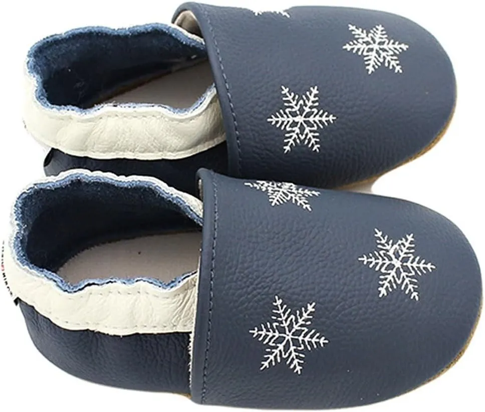 Soft Leather Slippers Baby occasins with Rubber Sole, Anti-Slip Infant Toddler First Walking Shoes for Little