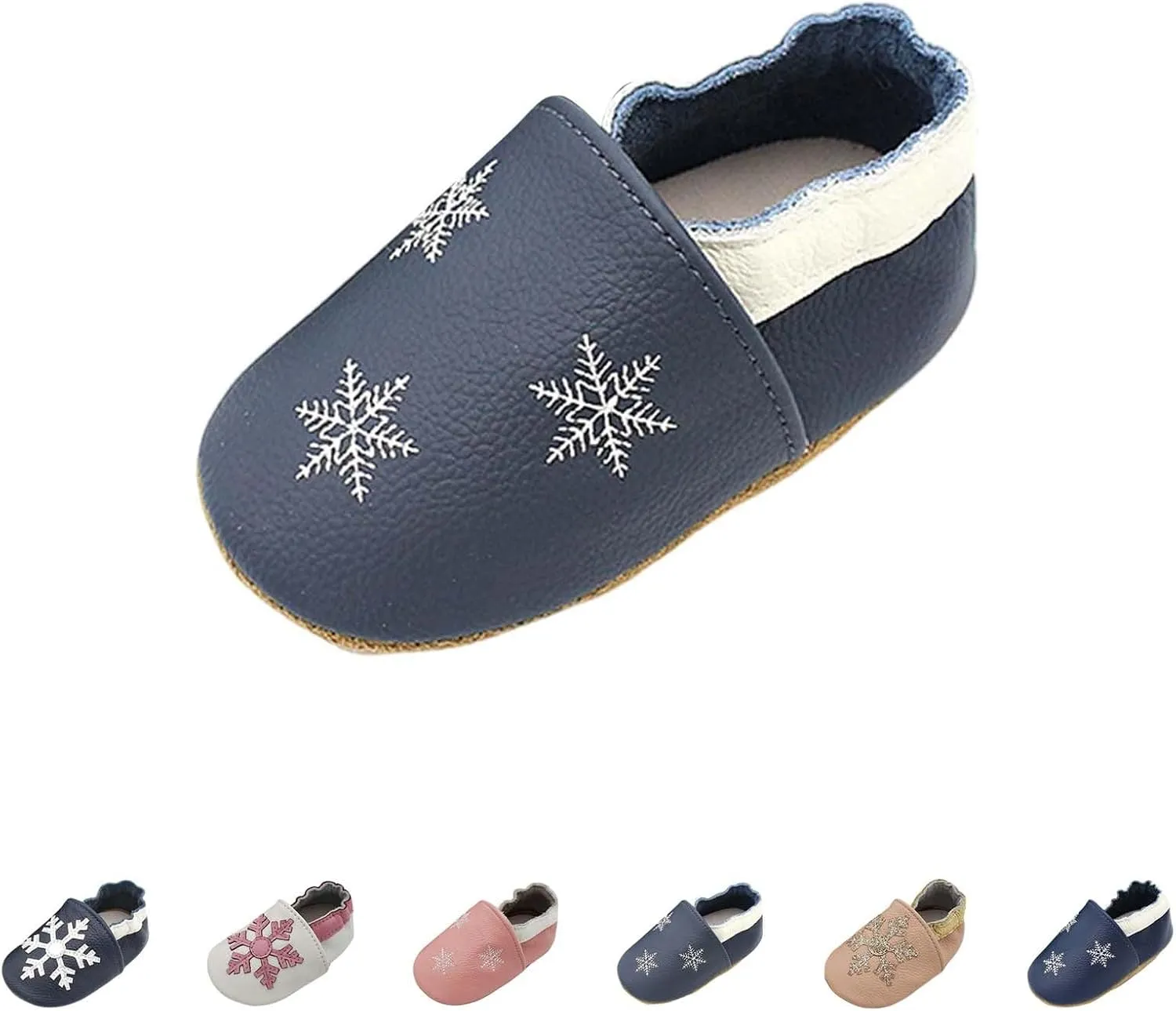 Soft Leather Slippers Baby occasins with Rubber Sole, Anti-Slip Infant Toddler First Walking Shoes for Little