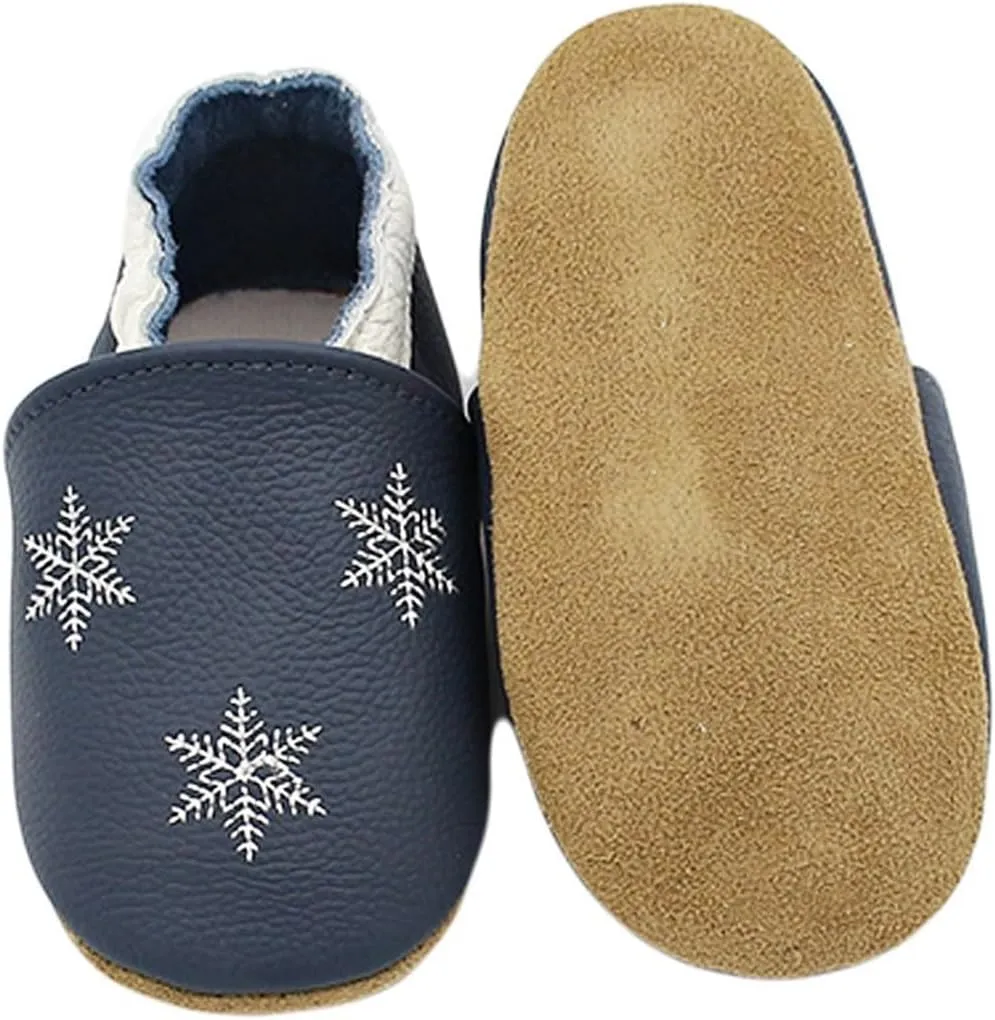 Soft Leather Slippers Baby occasins with Rubber Sole, Anti-Slip Infant Toddler First Walking Shoes for Little