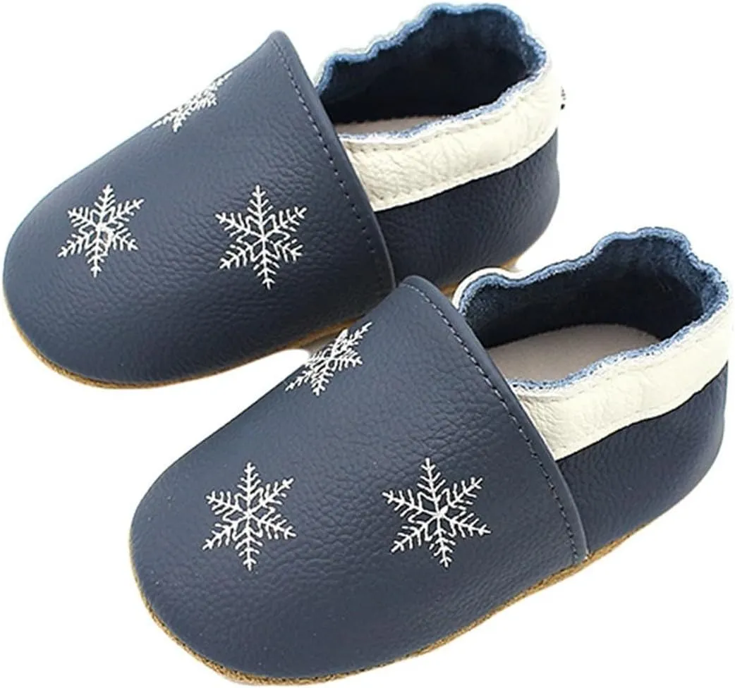 Soft Leather Slippers Baby occasins with Rubber Sole, Anti-Slip Infant Toddler First Walking Shoes for Little