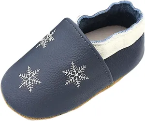 Soft Leather Slippers Baby occasins with Rubber Sole, Anti-Slip Infant Toddler First Walking Shoes for Little