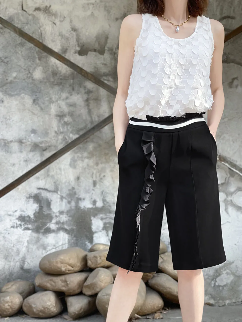Surprise Sale! Classic Black High Waisted Tailor Ruffle Shorts