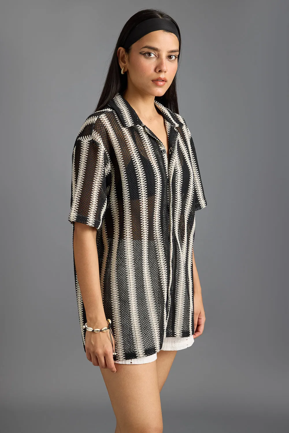 Textured Crochet Women's Shirt- Monochrome