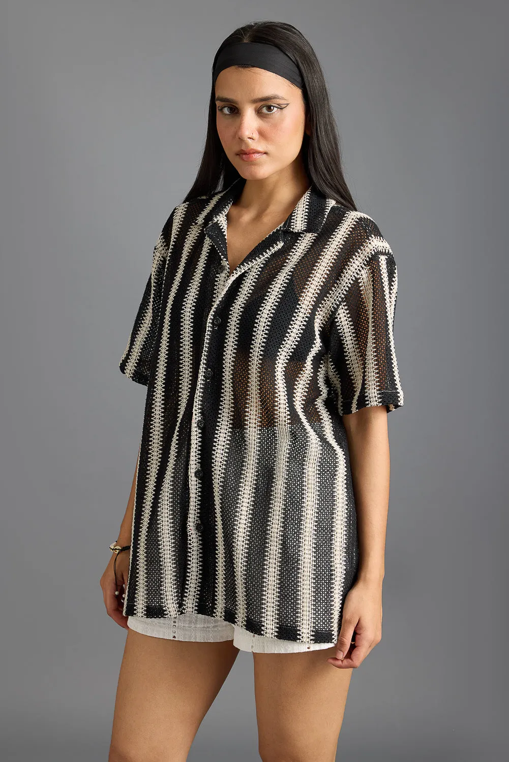 Textured Crochet Women's Shirt- Monochrome
