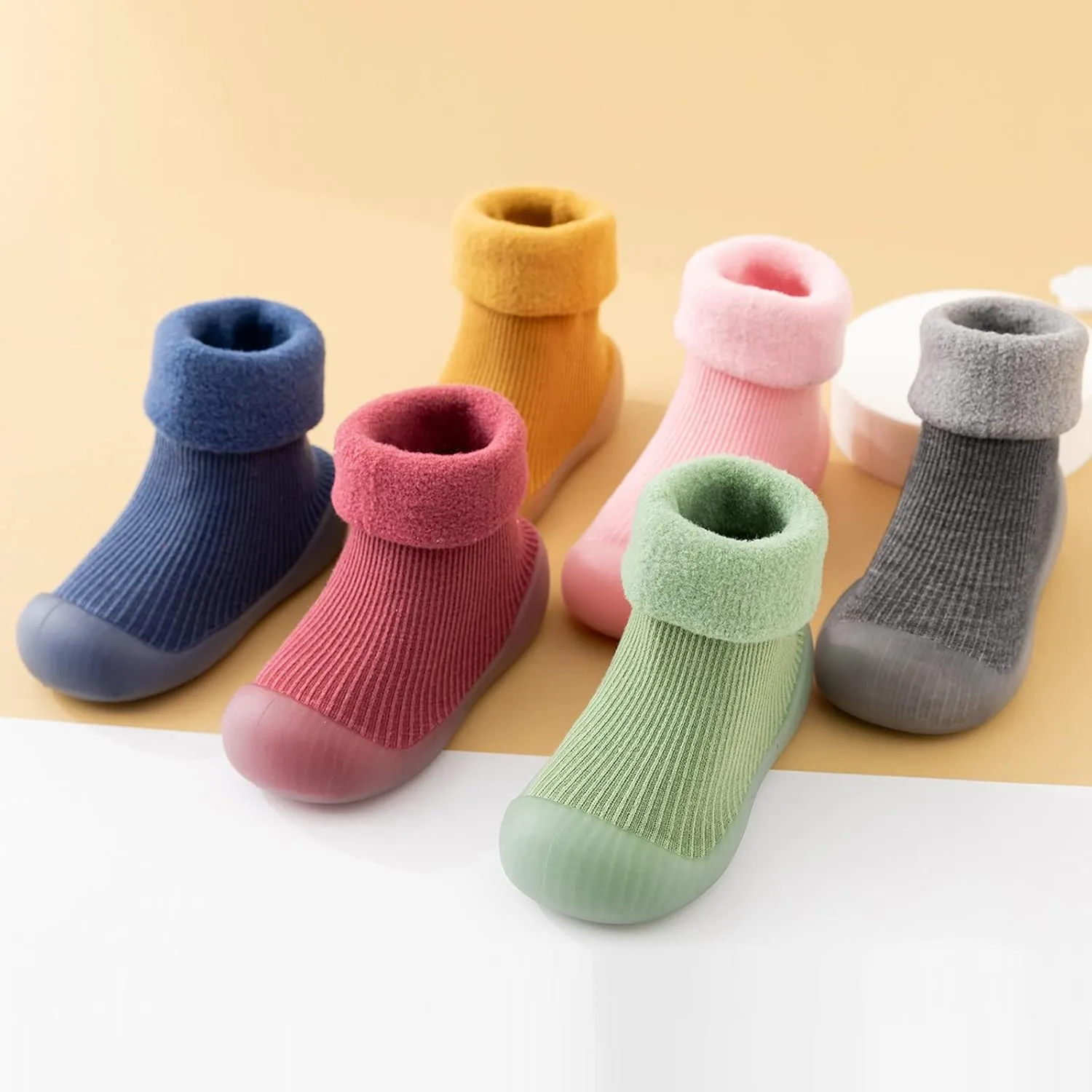 Toddler Baby Boys Girls Sock Shoes Solid Warm Knit Soft Sole Rubber Shoes Woolen Fleece Stocking Long Slipper