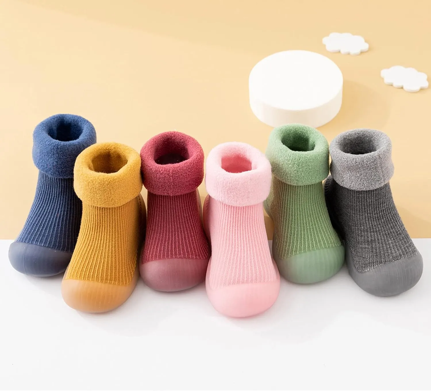 Toddler Baby Boys Girls Sock Shoes Solid Warm Knit Soft Sole Rubber Shoes Woolen Fleece Stocking Long Slipper