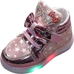 Toddler Baby Light Up Shoes Kids Girls Non Slip Glitter High Top Sneakers Fashion Child Flashing Mesh Wide Sport Shoes