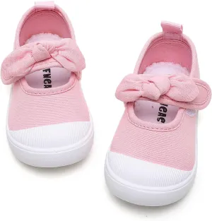 Toddler Girl's Canvas Sneakers Bowknot Mary Jane Flat Shoes for Kids School Uniform Shoes Dress Shoes