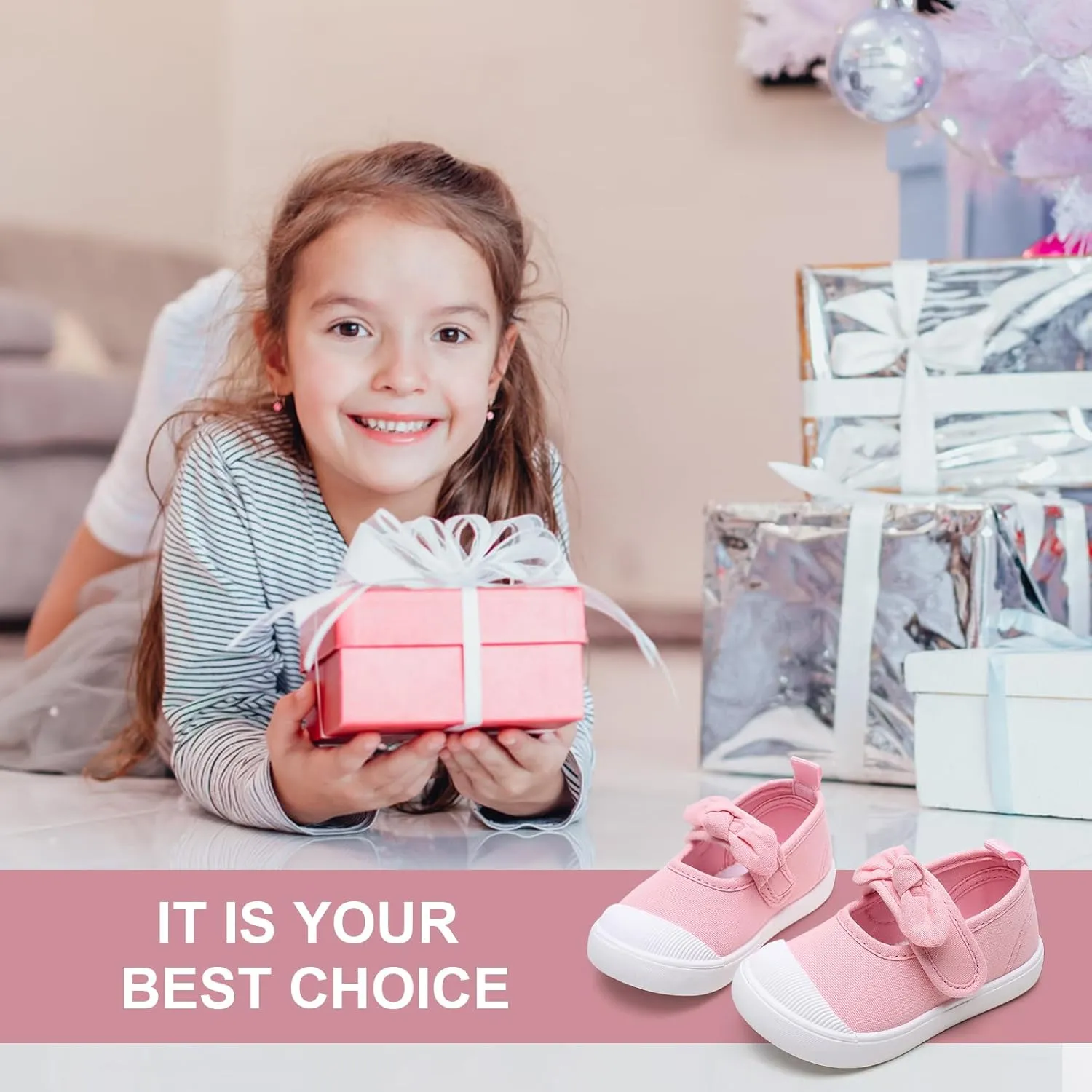 Toddler Girl's Canvas Sneakers Bowknot Mary Jane Flat Shoes for Kids School Uniform Shoes Dress Shoes