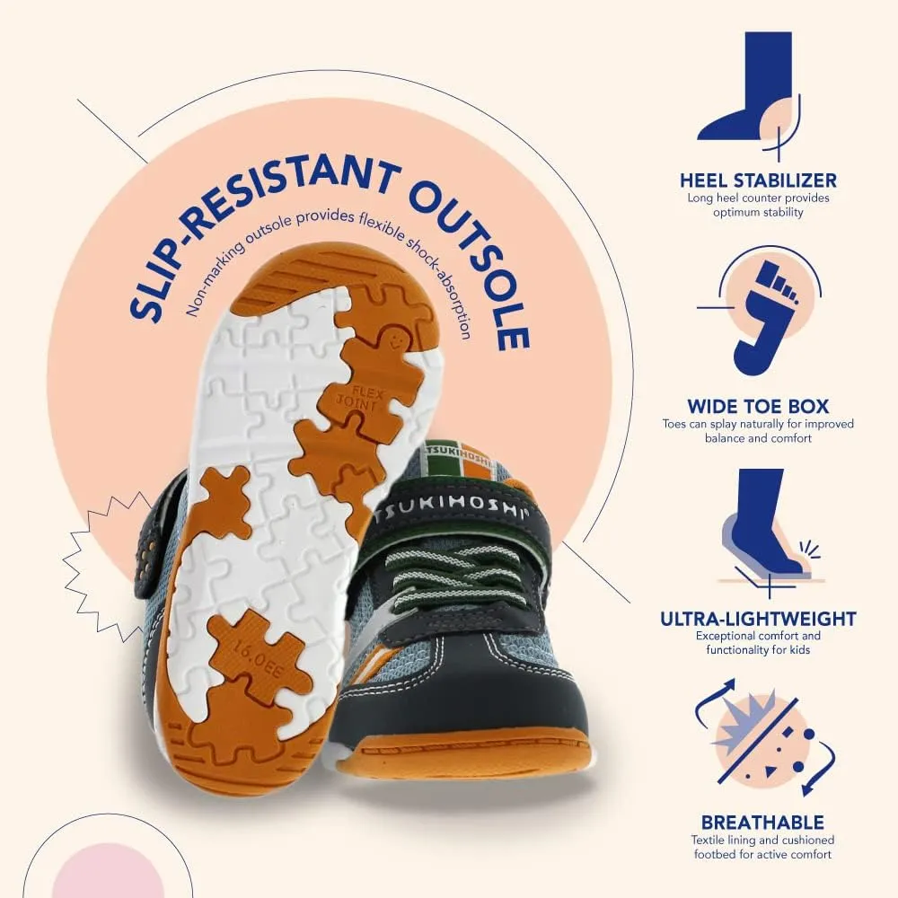 TSUKIHOSHI 1521 KAZ Strap-Closure Machine-Washable Child Sneaker Shoe with Wide Toe Box and Slip-Resistant, Non-Marking Outsole - For Toddlers and Little Kids, Ages 1-8