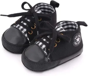 Unisex Baby Soft Sole Sneakers, Canvas Denim High Top, Newborn Infant First Walkers