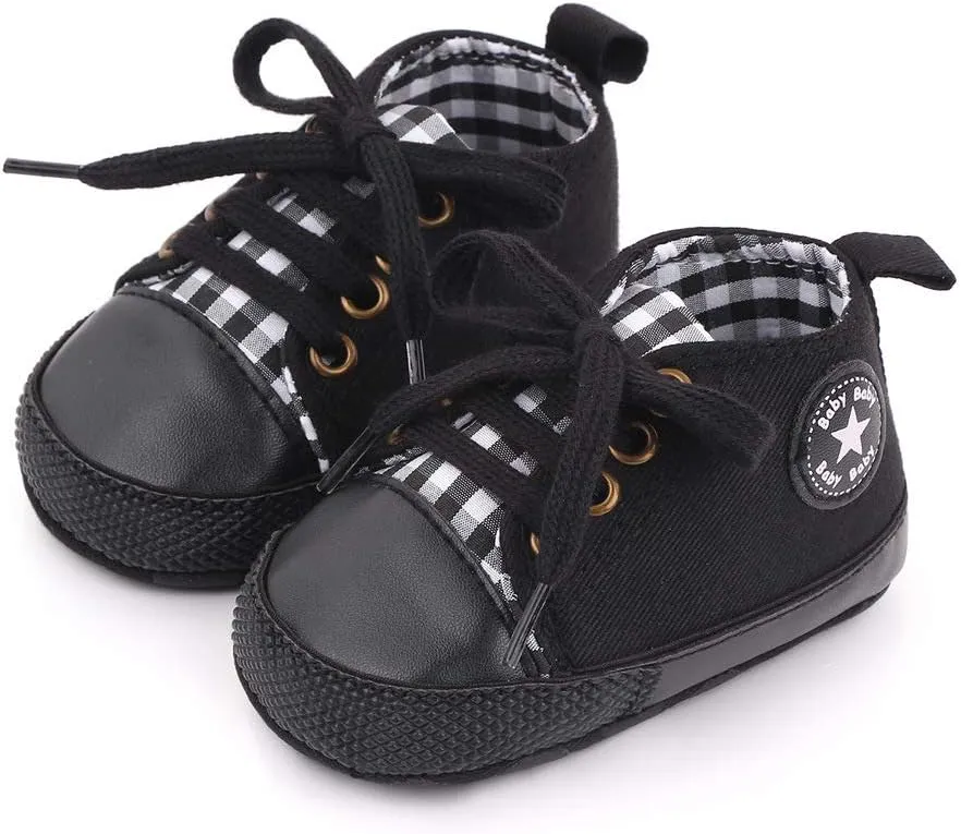 Unisex Baby Soft Sole Sneakers, Canvas Denim High Top, Newborn Infant First Walkers