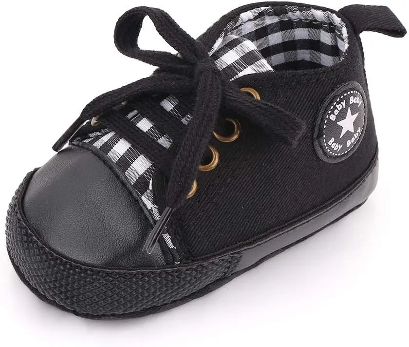 Unisex Baby Soft Sole Sneakers, Canvas Denim High Top, Newborn Infant First Walkers