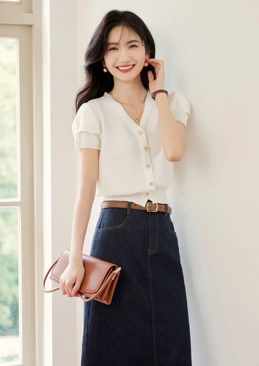 V-NECK KNIT DOUBLE LAYER CARDIGAN TOP