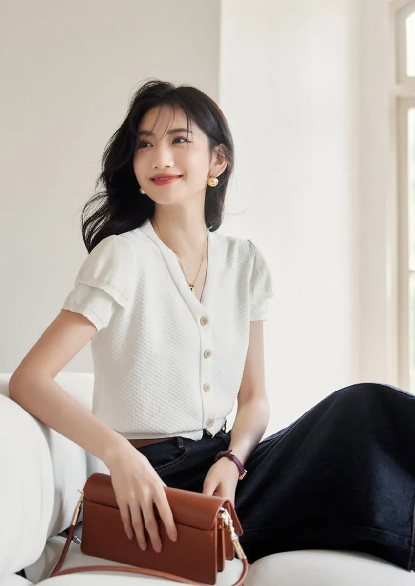 V-NECK KNIT DOUBLE LAYER CARDIGAN TOP