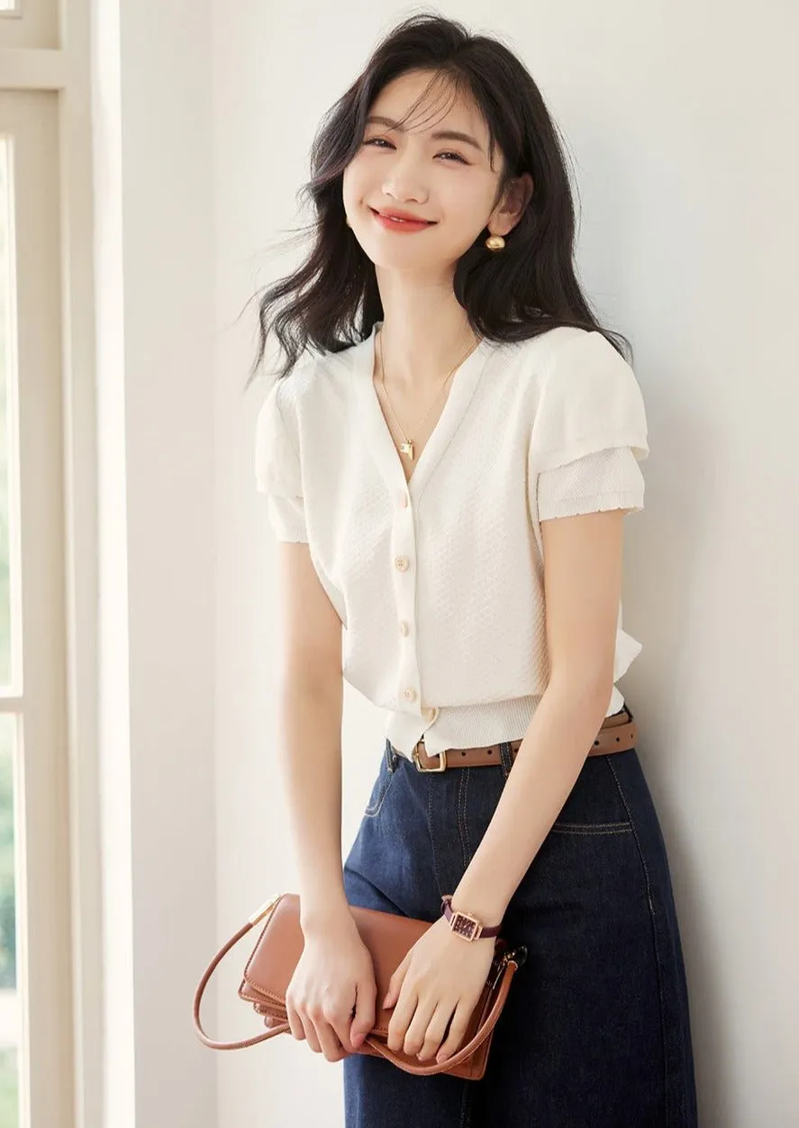 V-NECK KNIT DOUBLE LAYER CARDIGAN TOP