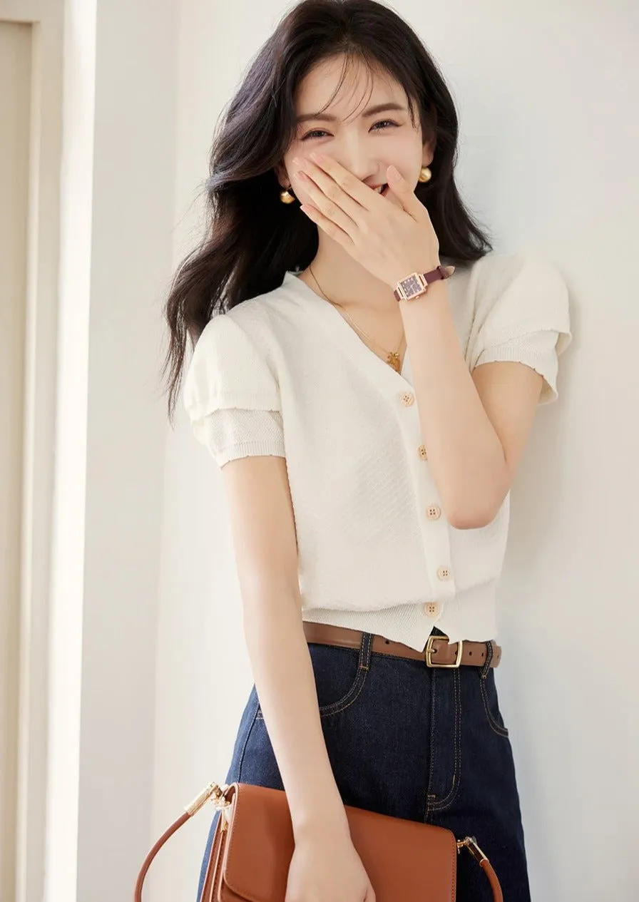 V-NECK KNIT DOUBLE LAYER CARDIGAN TOP