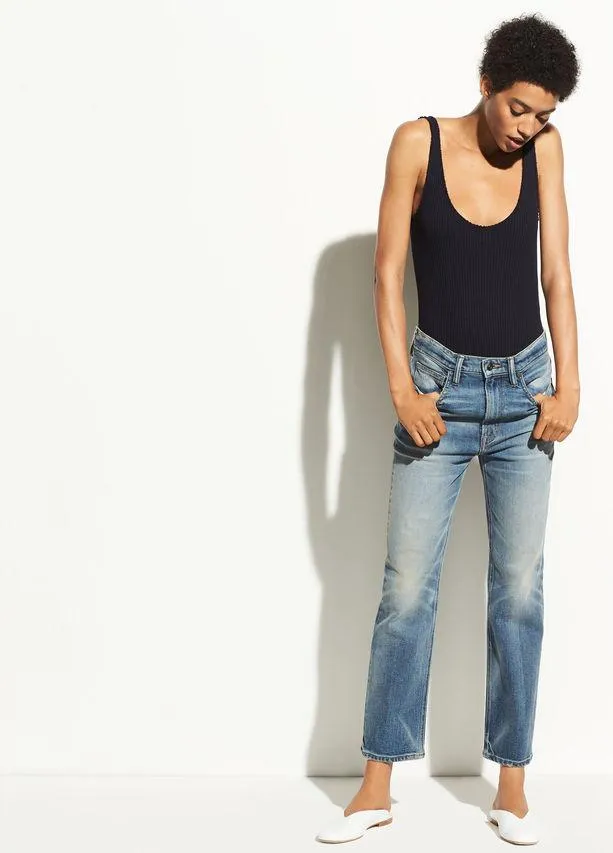Vince - Rib Scoop Back Bodysuit in Coastal Blue