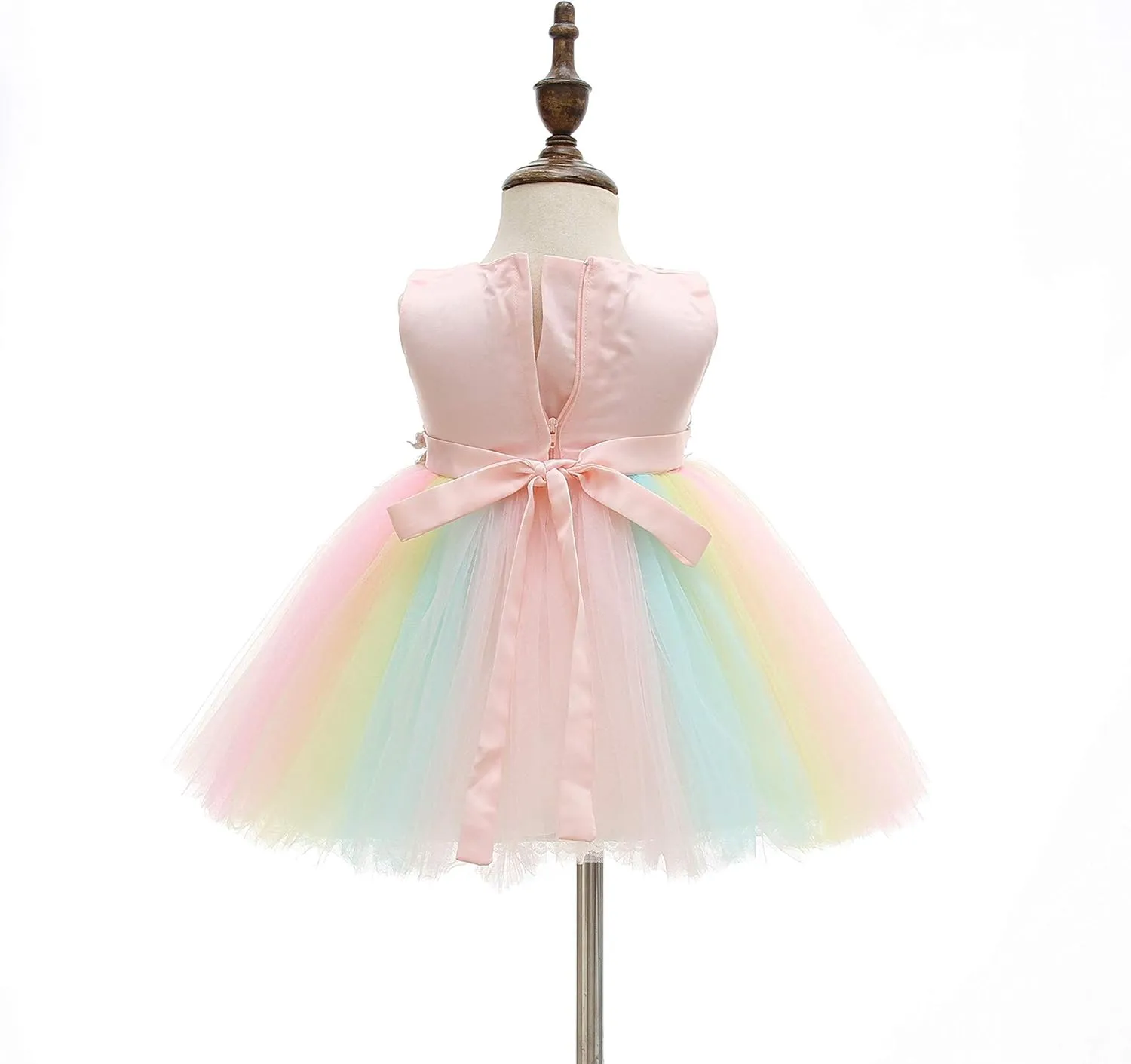 Weileenice Baby Girls Wedding Dress Rainbow Tulle 3D Embroidery Princess Tutu Dresses